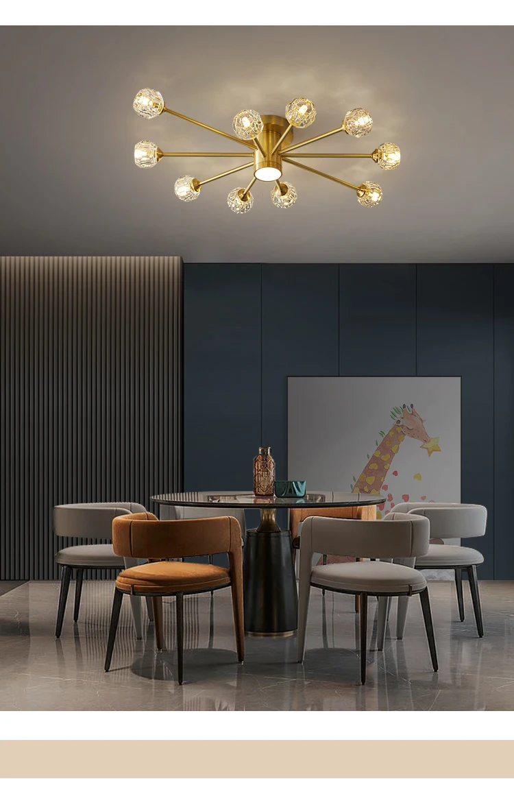 Modern luxury copper crystal ceiling lamp lighting American retro lamp restaurant golden luster molecular art ceiling lamp