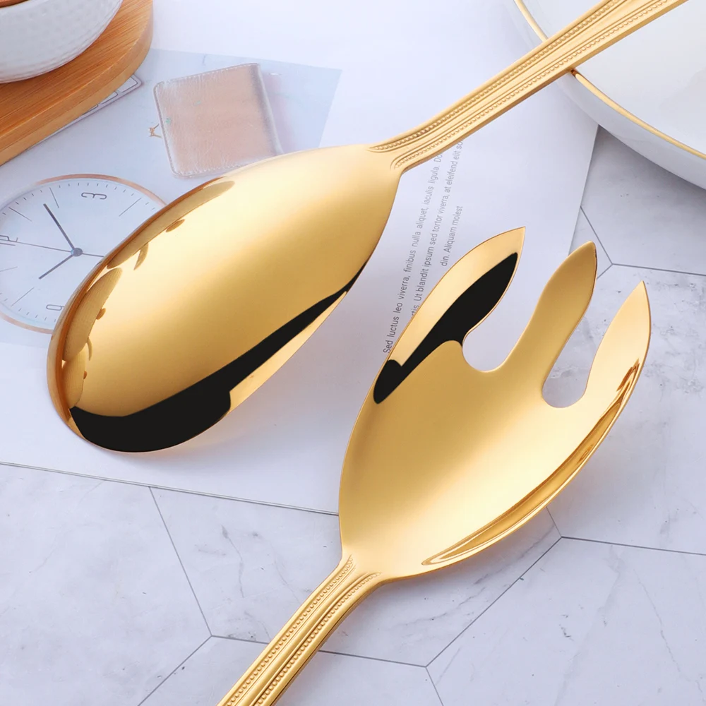 1 Pcs Large Salad Serving Spoon Fork Stainless Steel Cartering Dining Rose Gold Tablespoon Kitchen Utensils 12 Inch