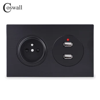 

Coswall All Aluminum Metal Panel 16A Black French Standard Wall Power Socket With Dual USB Charging Port 2.4A Output R12 Series