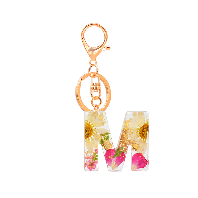 Dried Flower Letter Keychain Creative Colorful 26 English Letter Initial Resin Handbag Keyring Accessories For Women