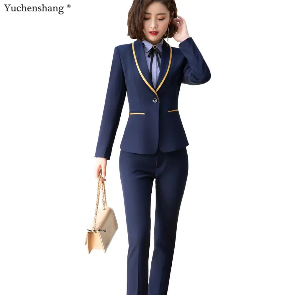 

Women Pant Suits for Train Airplane Hotel Work Business Wear Blazer Set Uniform Designs Jackets and Pant 2 Pieces Set