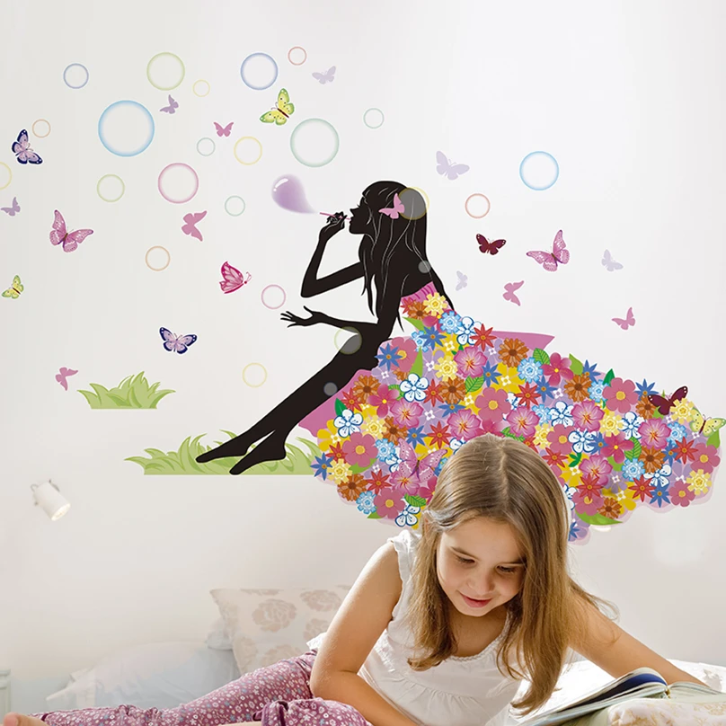 [Shijuekongjian] мультяшная девушка Наклейка на стену DIY пузыри цветок фотообои с бабочками наклейки для гостиной Детская комната украшение