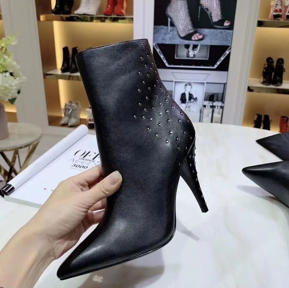 as show Real Leather Ankle Boots Woman Pointed Toe Mixed Color Crystal High Heel Boots Women Fashion Short Boots - Цвет: as show