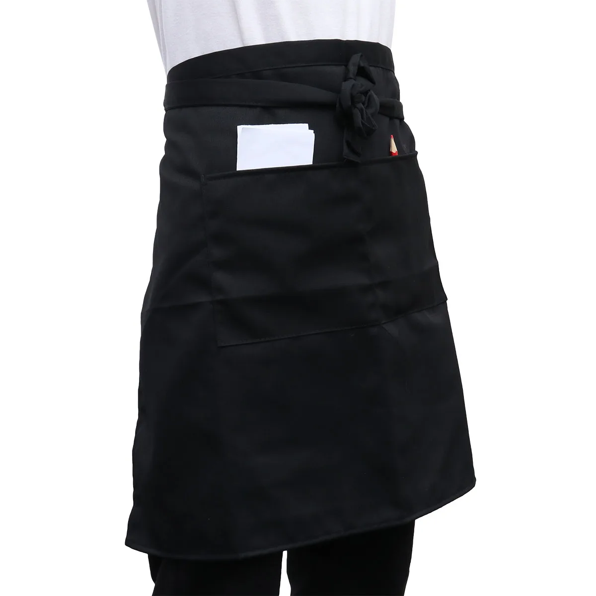 Universal Unisex Kitchen Cooking Waist Apron Short Apron Waiter Apron with Double Pockets(Black