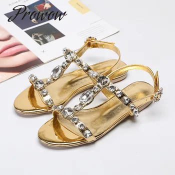 

Prowow New Gold Silver Genuine Leather Crystal Beading Summer Sandals Open Toe Buckle Strap Comfortable Flats Sandals Shoes Lady