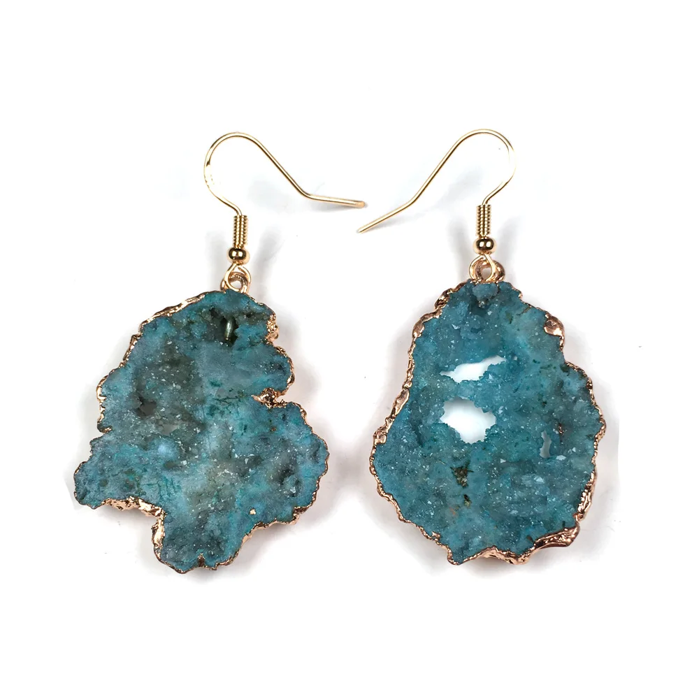 

2019 wholesale New Women Nature Stone Earrings Stud Jewelry lake blue Handmade long irregular shape quartz Stone Earring