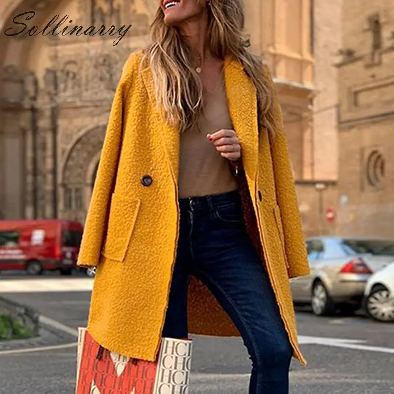 

Sollinarry Fashion Yellow Faux Fur Coats Jackets Women Winter Pockets Teddy Long Jackets Soft Female Coat Outerwears Plus Size