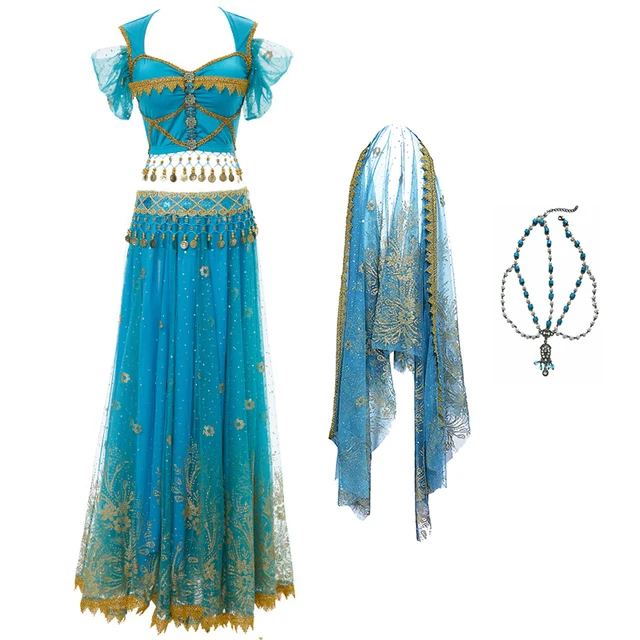 Festival Arabian Princess Costumes Indian Dance Embroider Bollywood Jasmine Costume Party Cosplay Jasmine Princess Fancy Outfit Blue 3 - 5 pcs Set