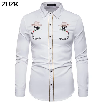 

ZUZK 9 Colors Men's Street Fashion Shirt Skull Embroidered Shirt Slim Casual Long Sleeve White Black Shirt ,US SIZE
