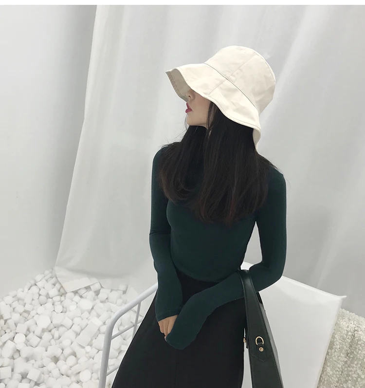 Женские однотонные футболки с высоким воротом, Harajuku, зимняя футболка, облегающая одежда, рубашки с длинным рукавом, обтягивающие хлопковые V688