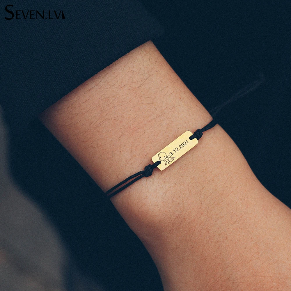 Baby Name Date Bracelet Stainless Steel Carving Children's Bracelets Adjustable Braided Rope Jewelry Gifts for Women Men Bracelet Jewelry