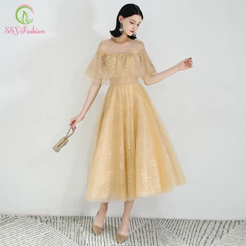

SSYFashion 2019 New Cocktail Dresses Yellow High-neck Tea-length Lace Sequins Party Formal Gowns Custom Homecoming Dresses