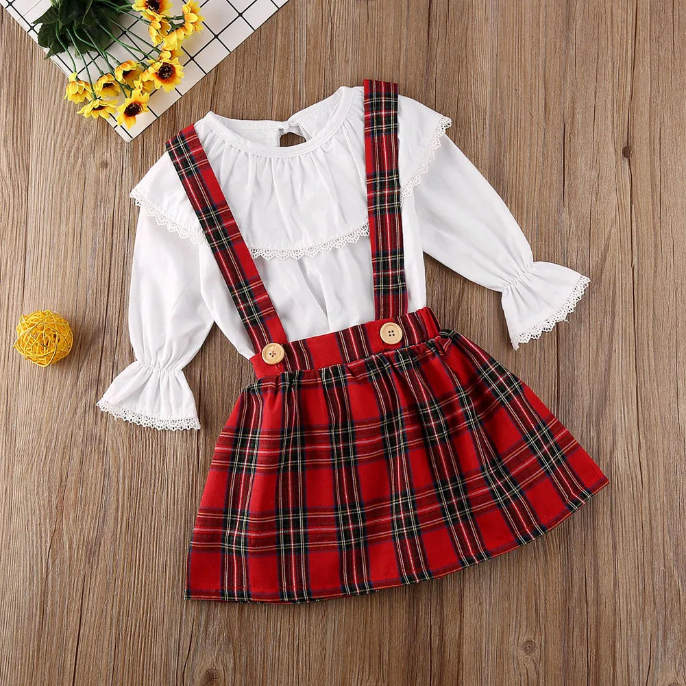 2Pcs Christmas Outfit Toddler Baby Girl Clothes Ruffle Long Sleeve Top+ Plaid Strap Skirt Free Shipping