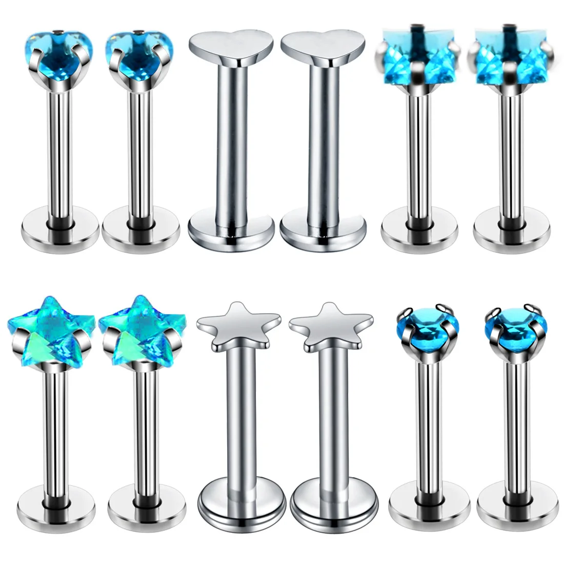 12Pc Surgical Steel Crystal Tragus Piercing Set 16G CZ Lip Ring Sud Lot Labret Piercing Bulk Cartilage Piercing Earring Stud Set 