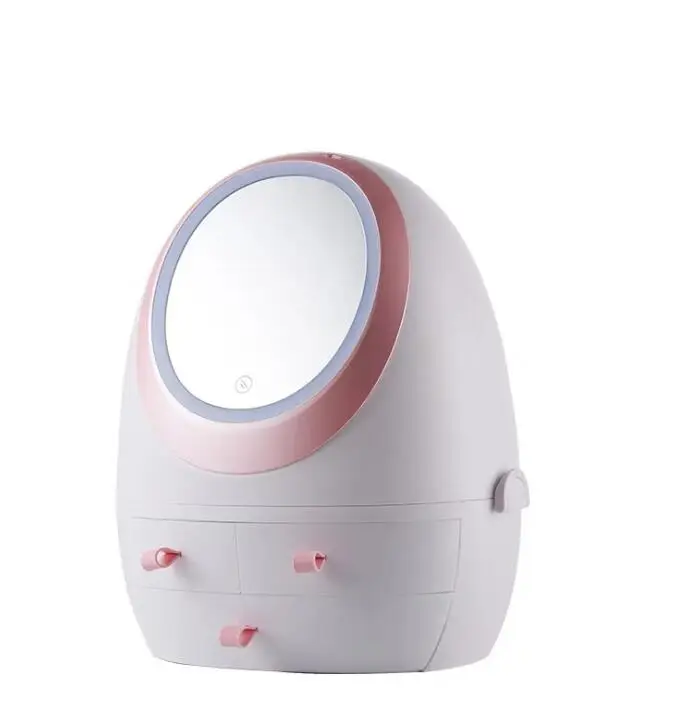 new LED lights HD mirror cosmetic case USB charging cosmetic storage box desktop dust lipstick jewelry box - Цвет: With led light  1