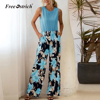 

Free Ostrich Summer printed Jumpsuit Women sleeveless Elegant sexy jumpsuit Wide Long Pants Casual Work Romper Lady Overalls