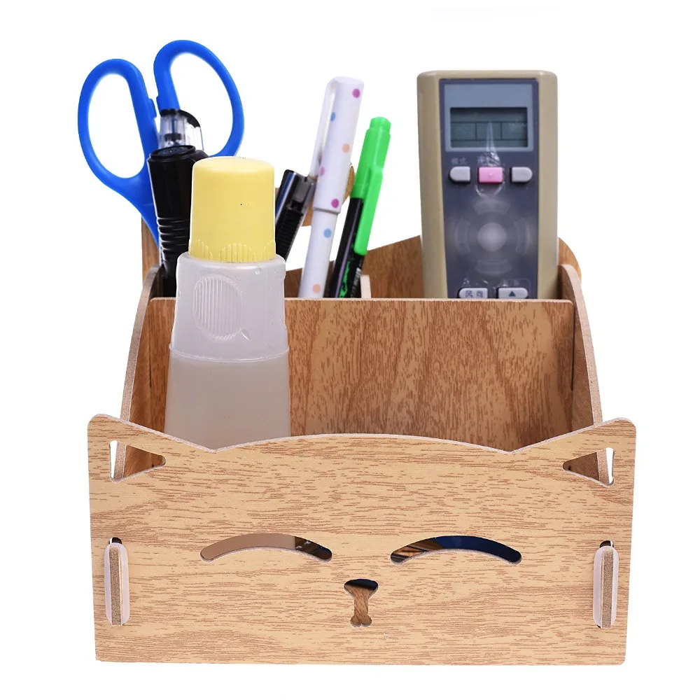 Wood DIY Assemble Cute Cat Pen Holder Desk Organizer for Home, Office (Brown Color)