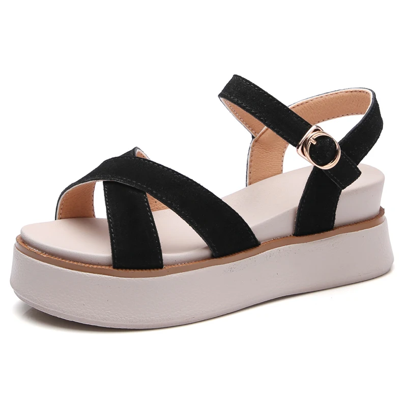 

Leather Korea suede matte thick bottom combination PU bottom Summer Buckle Women's Sandals Fish Mouth Open Toes