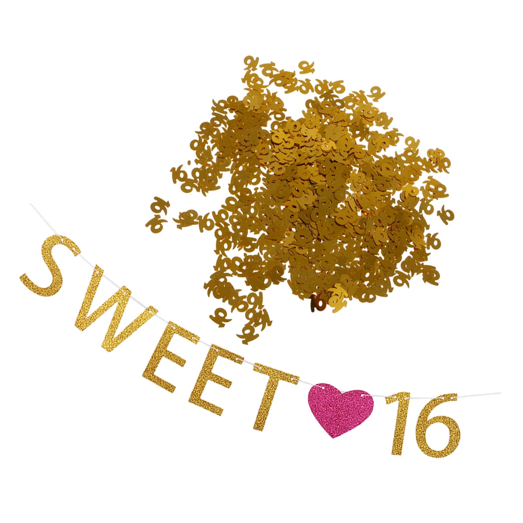 

2m 16th Girls Happy Birthday Garland Table Scatters Sprinkles Sweet 16 Heart Party Gold Banner Room Ornament
