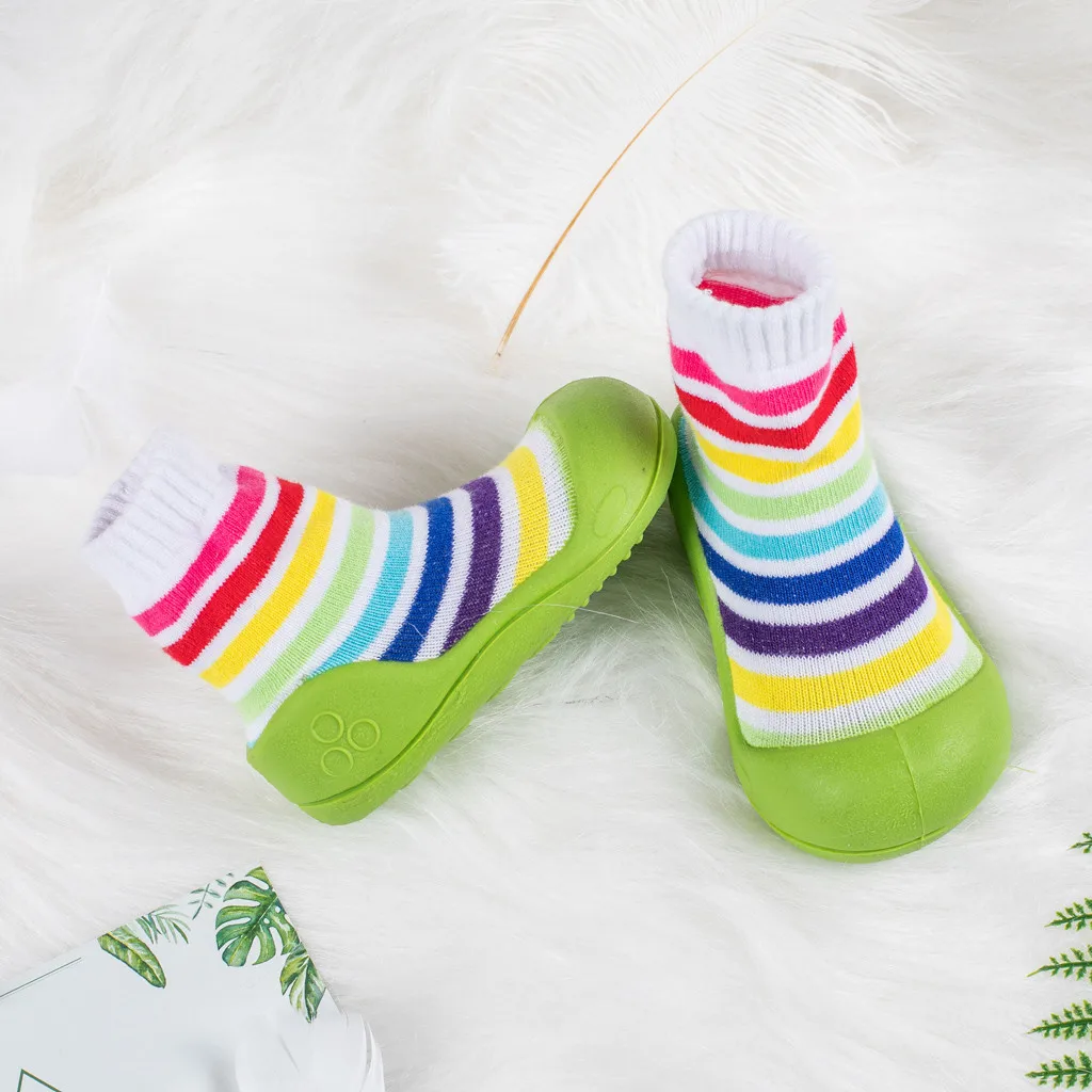 Toddler Baby Girl Boy Shoes First Walker Newborn Baby Rainbow Striped Newborn Girls Boys Anti-Slip Socks Slipper Shoes Boots