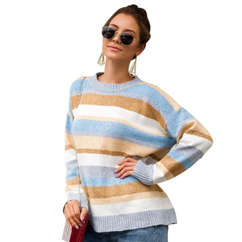 

Lugentolo Sweater Women New Fashion Two-color Clips Velvet Stripes Lazy Style Comfortable Loose Autumn Winter Casual Sweater