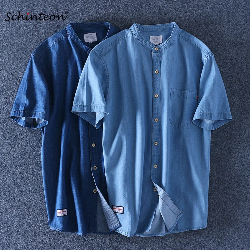2020 Schinteon Summer Men 100% Cotton Shirt Short Sleeve Stand Collar Thin Slim Casual Denim Slub Cotton Comfortable Shirt 2020 Schinteon Summer Men 100% Cotton Shirt Short Sleeve Stand Collar Thin Slim Casual Denim Slub Cotton Comfortable Shirt