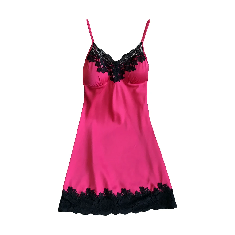 

Ladies' Silk Satin NightDress with Chest Pads Sleeveless V-neck Nightgown Female Straps Lace Cuffs Patchwork Sleepshirts