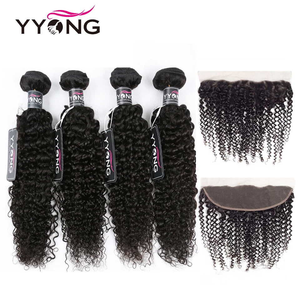 

Yyong Peruvian Kinky Curly Lace Frontal Closure With Bundles 4 Human Hair Bundles With Frontal 5 Pcs/Lot Remy Hair Free Shipping