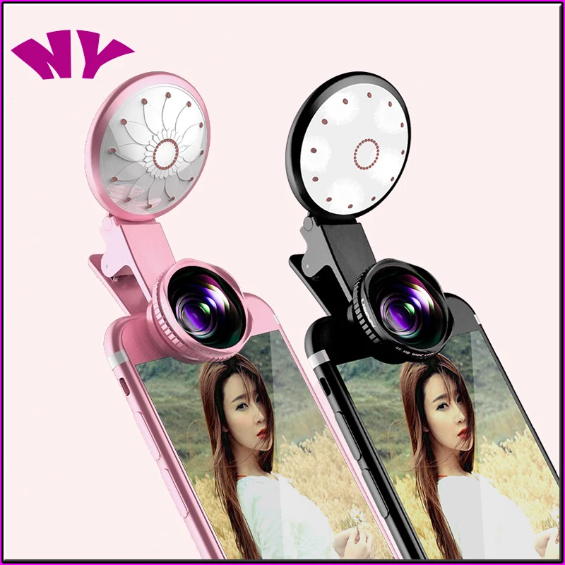 Led Selfie Light Fill-In Light + 4K Grandangolare Lens + 20X Macro Lens Kit Per Smartphone Fill Ring Lignts Con Obiettivo Fotocamera 2 In 1