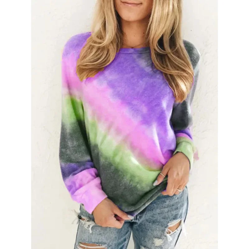 

Women Autumn Fashion Rainbow Solid Multi Color Tshirt O Neck Tops Long Sleeve Female Beach T-Shirt Lady Loose Casual Tee Shirt