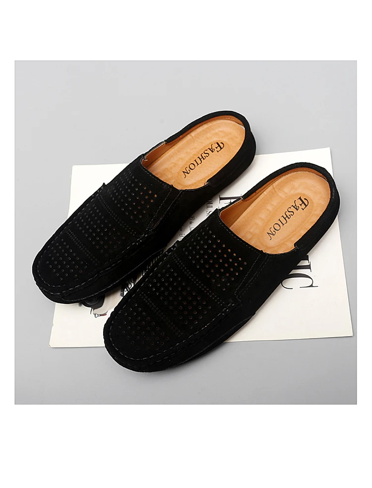 Man Summer Fashion Pig Skin Casual Half Shoe Male Breathable Soft Backless Half Loafers Hombre Open Back Leather Comfy Mocassins
