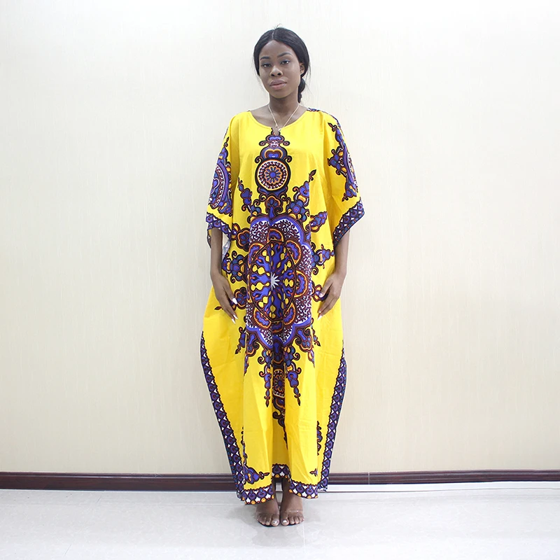 Newest Arrivals Fashion African Dashiki Pattern Printed O-Neck Batwing Sleeve Yellow Pure Cotton Long Dresses For Women