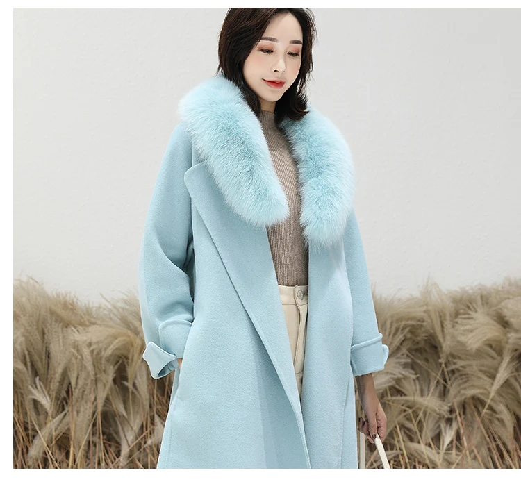 Discount Women 2019 Winter Natural Fox Fur Collar Double-Sided Wool Blends Coat Female Thicken Warm Sheep Shearing Long Overcoat 11