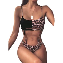Женский купальник с металлической цепочкой,, цельные костюмы, бандаж, купальный костюм, Леопардовый принт, монокини, бикини, стринги, Badpak