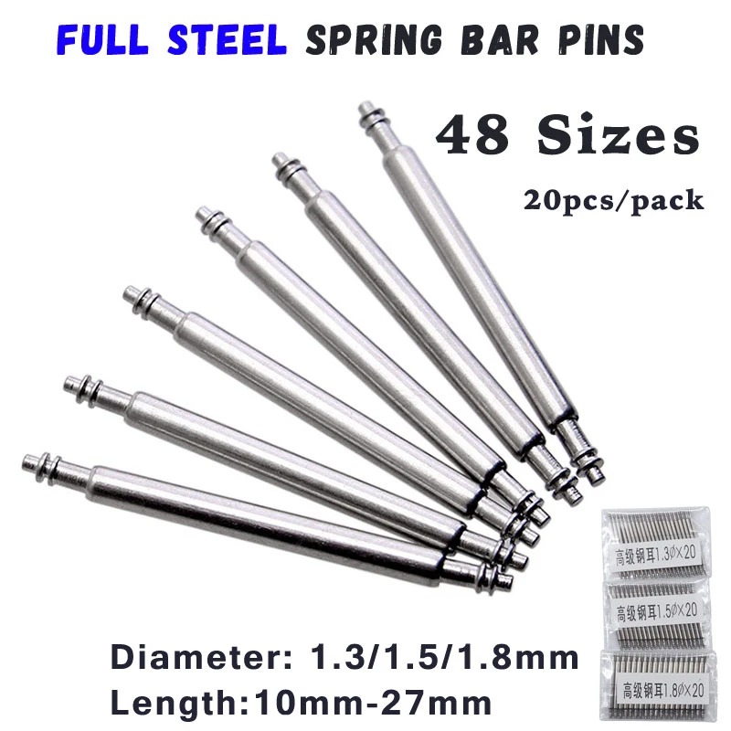 20pcs Watch Band Full Stainless Steel Spring Pins 10mm to 27mm Release