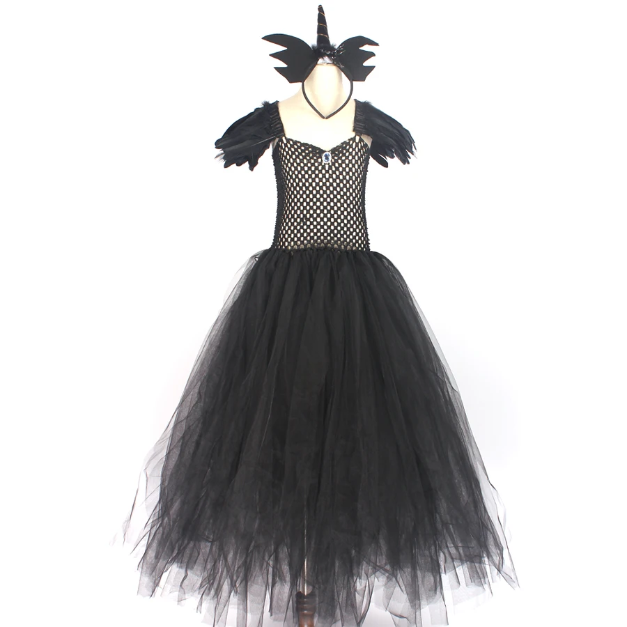 Black Long Devil Tutu Dress Halloween Costume Girls Tulle Dark Angel Dress V-neck Kids Pageant Carnival Party Ball Gown Dresses (4)