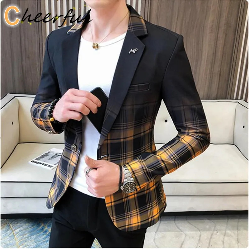 2021 Spring Men's Plaid Blazer Fashion Business Casual Slim Suit Jacket Large Size Banquet Wedding Party Club Dress | Мужская одежда