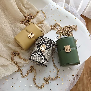 

Vintage Serpentine Mini Cylindrical Women Handbags Chain Women's Shoulder Bags Metal Buckle Women Messenger Bags Ladies Hand Bag