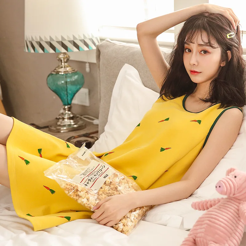 

By Fruit Nightgown Women's Summer Short-sleeved Vest Korean-style-Pure Cotton Lace Chest Pad Pajamas nv zhong qun Summer Dress