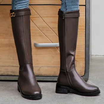 

Women Round Toe Square Heels Knee High Boots Fall Winter Fashion Zipper Casual Boots Woman Black Brown Boots Shoes 2020