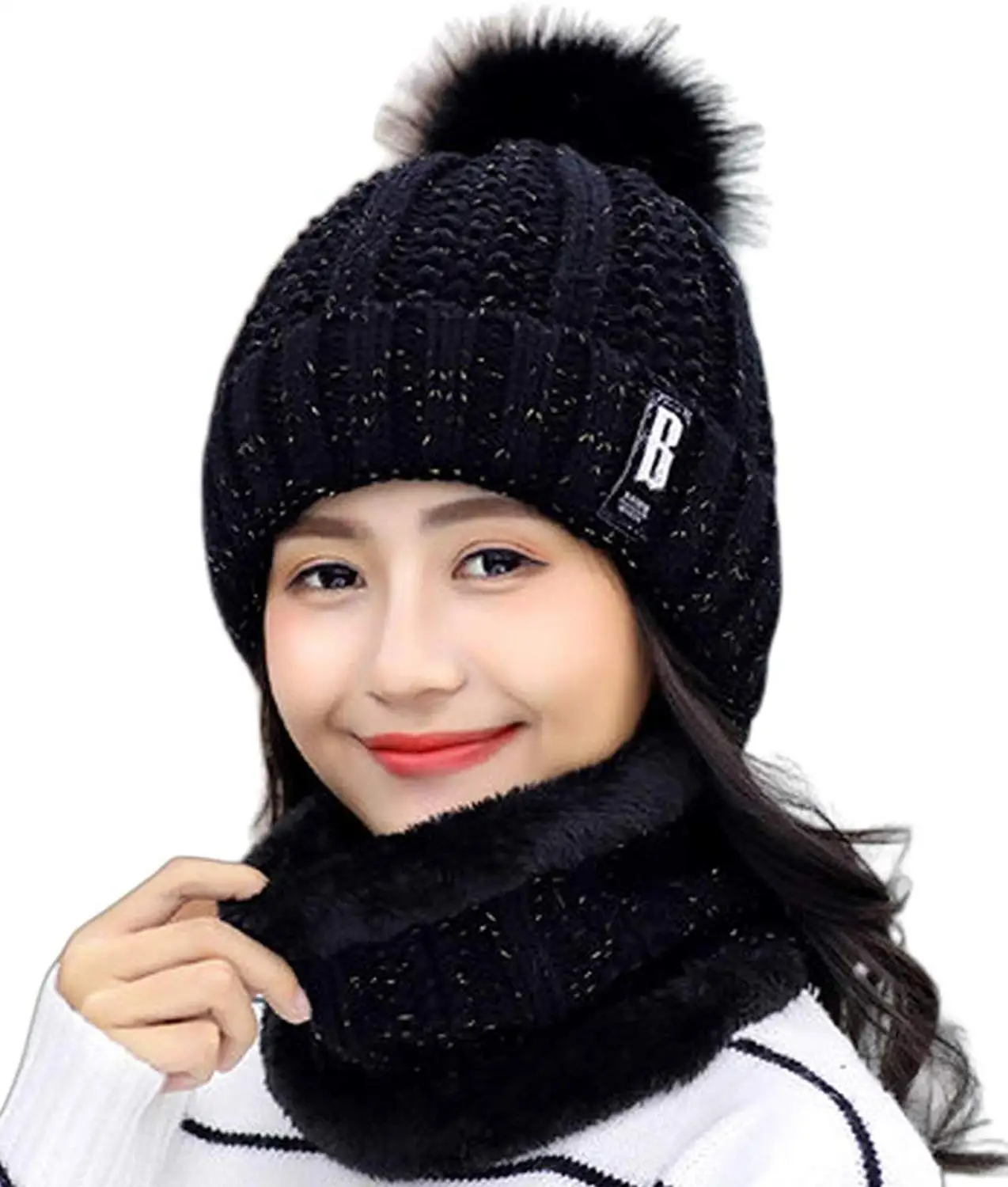2Piece set Beanie Hat Womens Winter Thick Beanie Scarf Set Girls Cute Pom Warm Knit Ski Hat with Fleece Lined