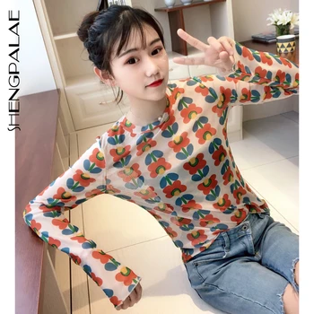 

SHENGPALAE 2020 New Spring Slim Fashion Style Long Sleeve Flower Printing Tee Korean Tide Sunscreen Women Boho T-shirt FN162