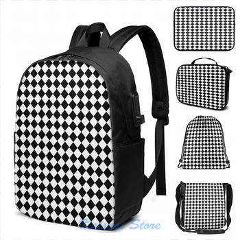 

Classic Black and White Large Diamond Checker Board Pattern USB Charge Backpack Cosmetic bag Travel laptop bag