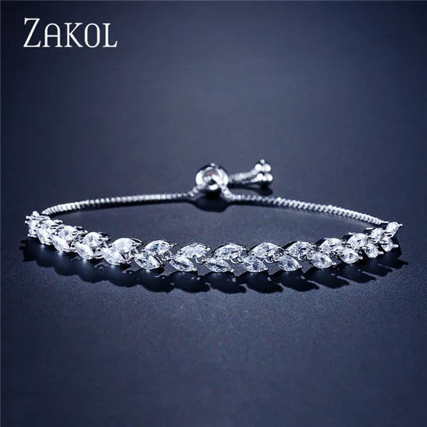 White Gold Color ZAKOL модные ювелирные изделия невесты прозрачный CZ кристалл лист очарование кубического циркония Регулируемая цепь браслеты для женщин FSBP2041 - Окраска металла: White Gold Color