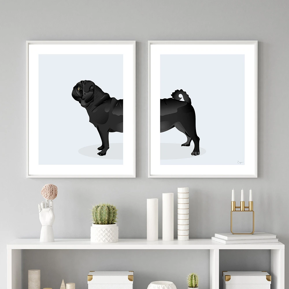 Czarny mops jamnik pies plakat skandynawski ściana płótno artystyczne pies  plakat czarno białe zdjęcia ścienny salon dekoracji wnętrz| | - AliExpress