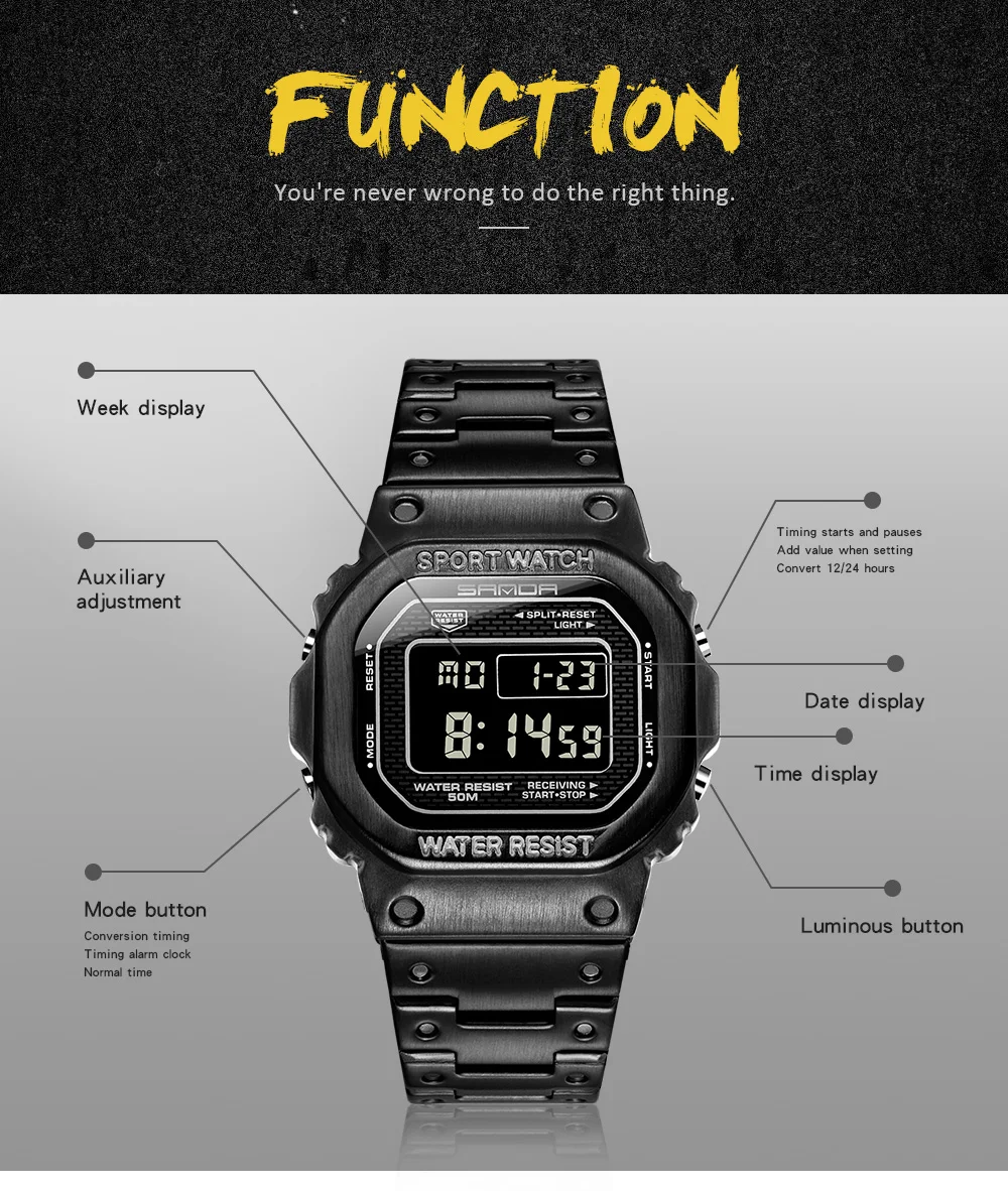 SANDA, модные Многофункциональные цифровые часы со стальным ремешком, большой квадратный циферблат, светящаяся функция, мужские часы, Relogio Masculino390