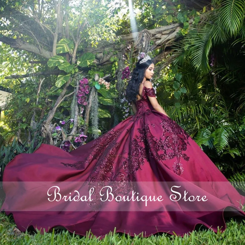 Burgundy Quinceanera Dresses Pocket Sequins Applique Off Shoulder Sweet 16 Dress Vestido De 15 Anos Ball Prom Gowns