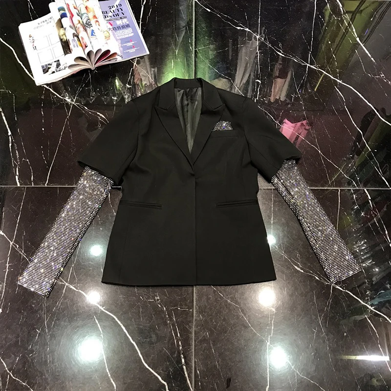 Шикарный блейзер с алмазным рукавом, куртка, женский, с зазубренным воротником, черный, однотонный, с карманом, для подиума, дизайнерский Длинный блейзер, пальто для женщин, осень