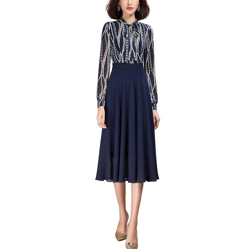 Abito Patchwork in Chiffon blu a maniche lunghe da donna Grace Fashion 2021 primavera nuovo arrivo per donna