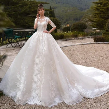 

Optcely Wedding Dress 2019 Luxury Royal Scoop Neck Half Sleeve Ball Gown High Quality Lace Appliques Beaded Princess Bridal Gown